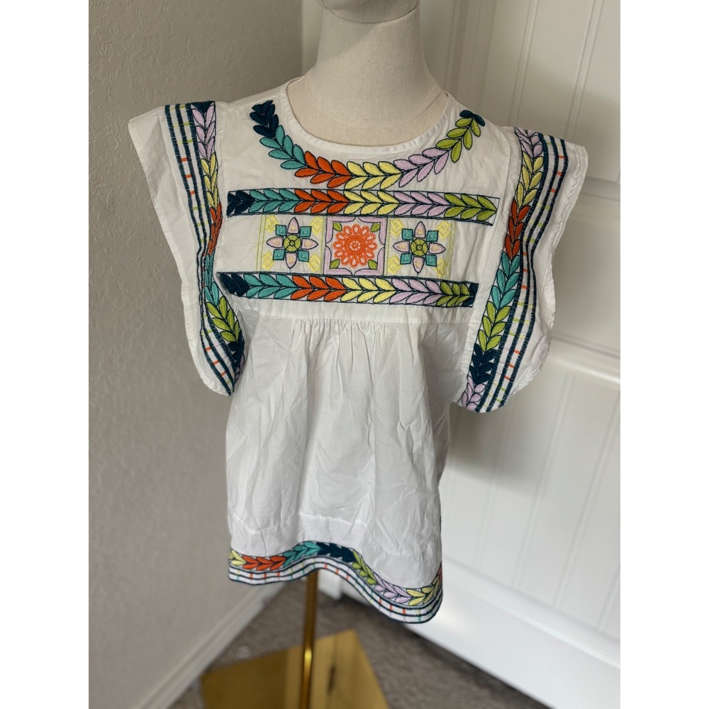 Cato Embroidered Top Colorful Accents Sleeveless Blouse White Size S‎